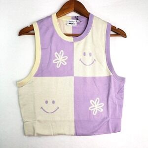 Samii Ryan Smiley Knit Vest Top Womens S Flower Smile Face Patchwork Cropped‎